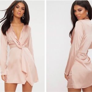 Pretty Little Thing Nude Satin Long Sleeve Wrap Dress